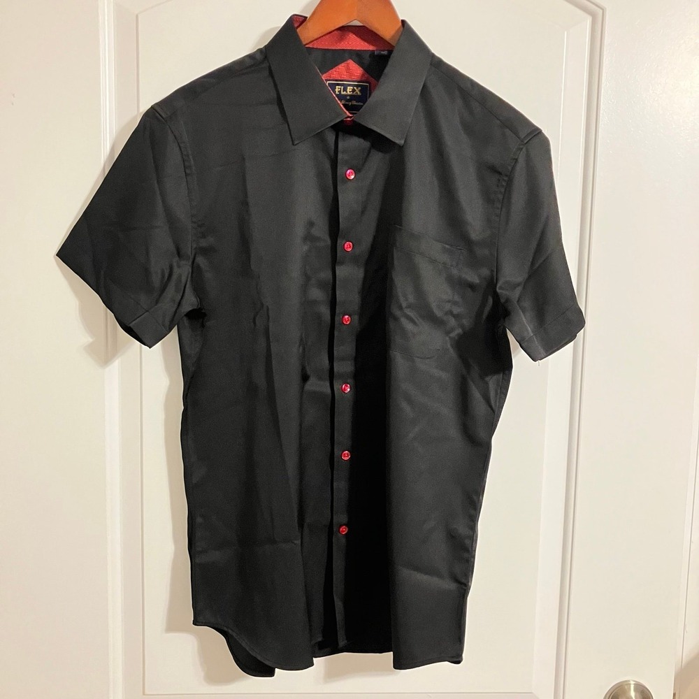 Flex Luxury Collection Short Sleeve Button Up Shirt‎ Black Red Accents Men's M